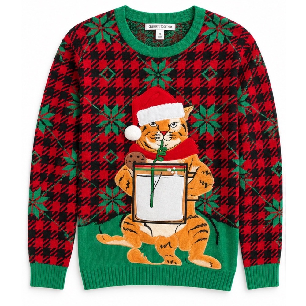 Celebrate Together Christmas Cat Sweater Red Black Houndstooth Holiday Unisex M